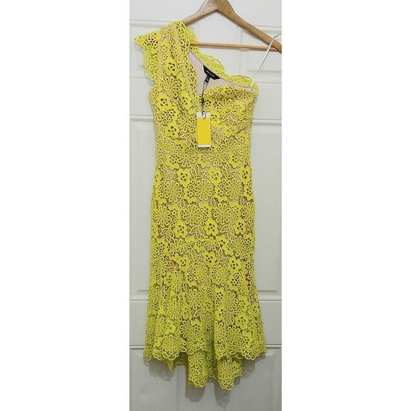 Karen millen womens small size 4 eyelet neon green one shoulder midi dress - Picture 1 of 8